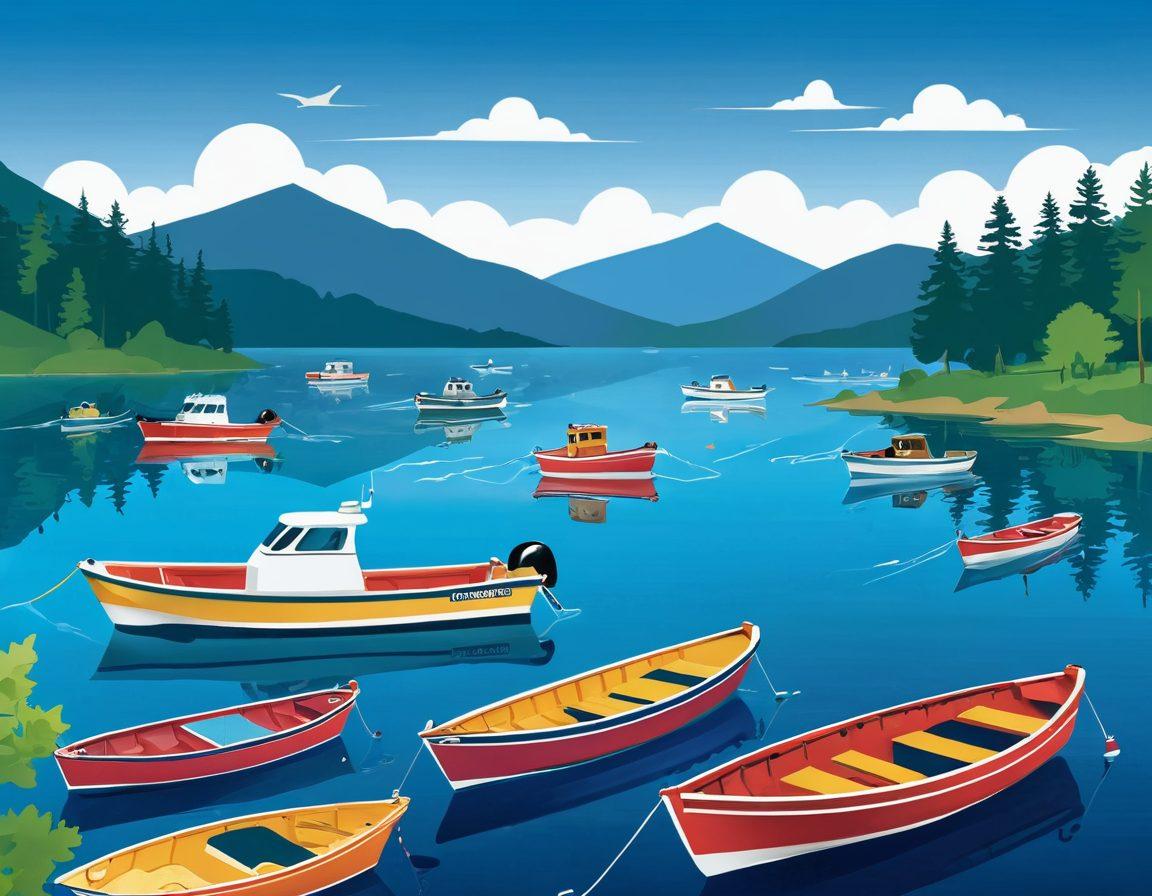 An illustrated scene depicting a variety of boats and watercraft on a shimmering blue lake, with a clear sky overhead. Include icons or symbols representing different types of insurance coverage, such as shields or checkmarks, subtly integrated into the scene. Emphasize a sense of security and protection with warm, inviting colors. Add a professional-looking title overlay that states 'Boat and Watercraft Insurance'. vibrant colors. vector art.