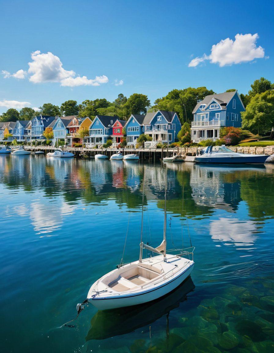 A serene waterfront scene showcasing a variety of watercraft, from elegant sailboats gracefully gliding on the water to sleek motorboats cruising at speed. Incorporate subtle hints of insurance elements, like a safety buoy or a clipboard with coverage details near the dock. Capture a bright, sunny day with vibrant blues of the sky and water. Include waterfront homes in the background to suggest a community. super-realistic. vibrant colors.